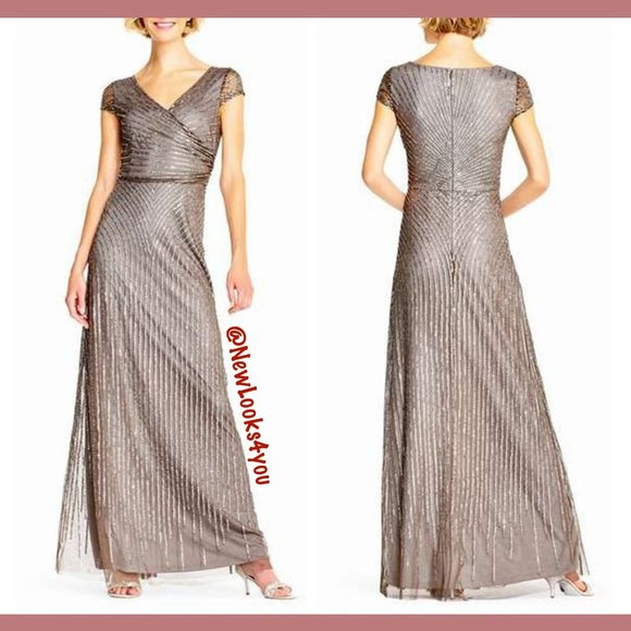 NEW $299 Adrianna Papell Sequin Faux Wrap Gown‎ in Lead [SZ 14 ] - Picture 3 of 10